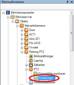 Ethiris Admin Admin Konfiguration för Ethiris Figur 2.128 Noden Ronderingar för en nätverkskamera i s trädvy. Nätverkskamera PTZ Ronderingar popupmeny Högerklick på denna nod öppnar en meny.
