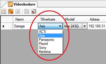 Admin Konfiguration för Ethiris Ethiris Admin Figur 2.157 Listan med tillverkare. Modell är modellen av videokodare. Denna kolumn består av en lista med tillgängliga modeller för vald tillverkare.