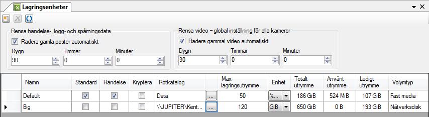 Lagringsenheter panel Dubbelklick på noden Lagringsenheter i trädvyn öppnar tillhörande panel. Figur 2.186 Panelen Lagringsenheter.