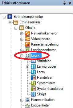 Ethiris Admin Admin Konfiguration för Ethiris 2.4.24 Logik noden Noden Logik är bara en samlingsnod för Variabler, Larm, Händelser och Skript i aktuell konfiguration.