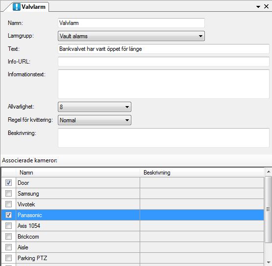 Ethiris Admin Admin Konfiguration för Ethiris Radera raderar larmet från serverns konfiguration. Det försvinner omedelbart från både trädvyn och larmlistan i panelen Larm.