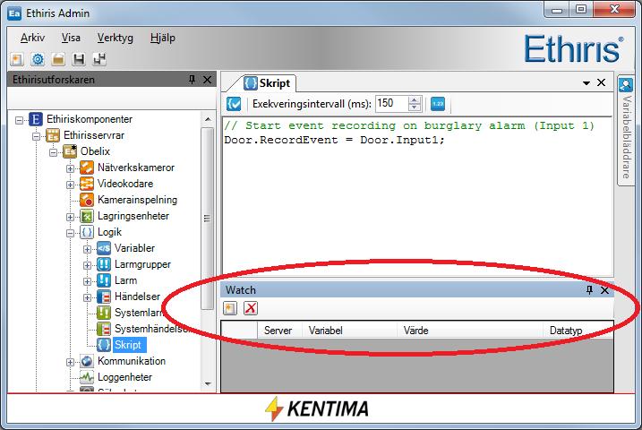 Admin Konfiguration för Ethiris Ethiris Admin Validera skriptsyntax Exekveringsintervall Visa Watch panel Använd denna knapp för att validera syntaxen för skriptet i skripteditorn.