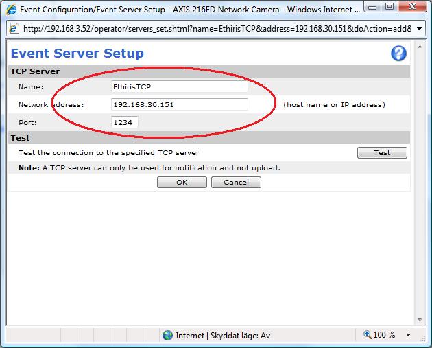 som standard). Klicka på knappen Test för att prova anslutningen mot Ethiris Server.
