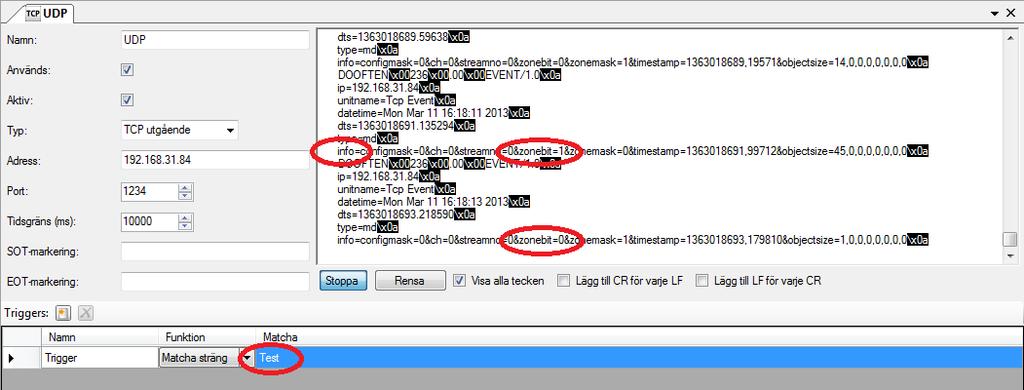 Längst ned i panelen finns en lista med Triggers. För en trigger med funktionen Matcha sträng måste man ange en text i kolumnen Matcha för att konfigurationen ska bli komplett.