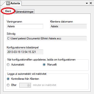Admin Konfiguration för Ethiris Ethiris Admin Figur 2.386 Panelen Ethiris Client. Panelen Ethiris Client består av två flikar; Klient och Fjärranslutningar.