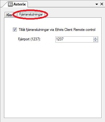 Ethiris Admin Admin Konfiguration för Ethiris Fjärranslutningar I denna flik finns information om hur andra applikationer kan kommunicera med denna Ethiris Client via gränssnittet Remote control of