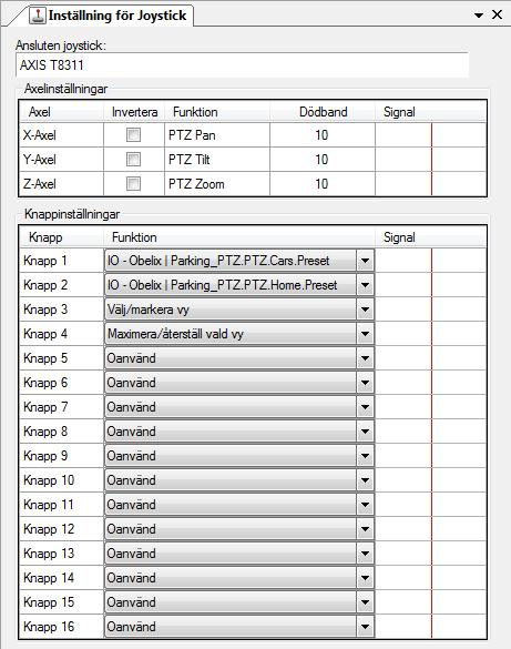 Admin Konfiguration för Ethiris Ethiris Admin Figur 2.404 Panelen Joystick. Denna panel består av två huvudavdelningar; Axelinställningar och Knappinställningar.