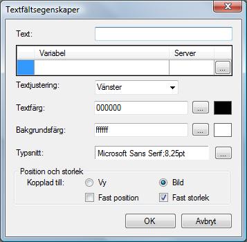Se förklaring nedan. Radera raderar textfältet från kameravyn. Figur 2.452 Egenskapsdialog för ett Textfält. Text kan användas för att visa en statisk text som visas i textfältet.