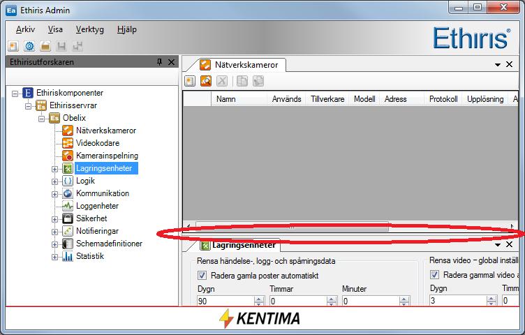 Ethiris Admin Admin fönster Admin Konfiguration för Ethiris Figur 2.31 Flytta delningslisten upp/ned för att ändra storlek på fönsterna.