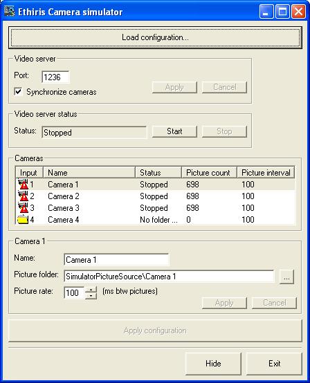 Ethiris Kamerasimulator Start av simulatorn Admin Konfiguration för Ethiris Figur 4.1 Ethiris kamerasimulator innan kamerorna startats.