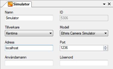 Ethiris Kamerasimulator Simulatorkamera i Ethiris Admin Konfiguration för Ethiris Figur 4.3 Dialog föratt lägga till en ny videokodare (simulator).