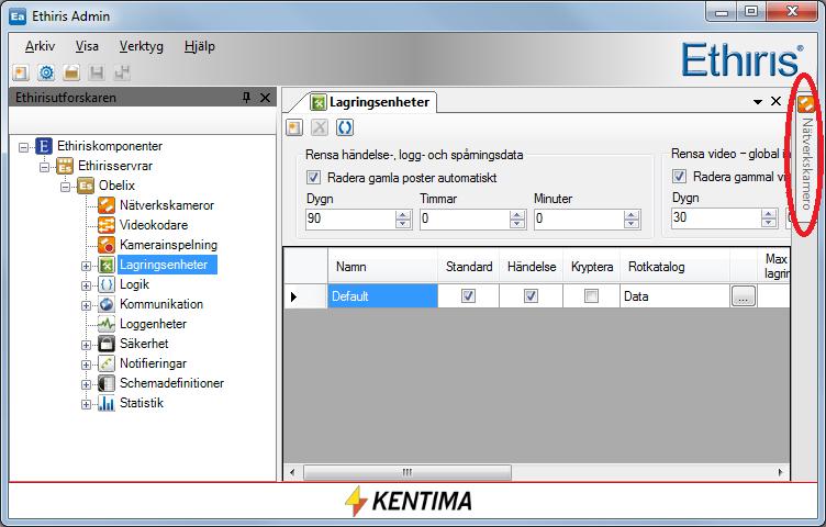 Admin Konfiguration för Ethiris Ethiris Admin Admin fönster Figur 2.36 Nätverkskamerorpanelen som ett verktygsfönster, dockat och pinnat mot höger kant av huvudramen.