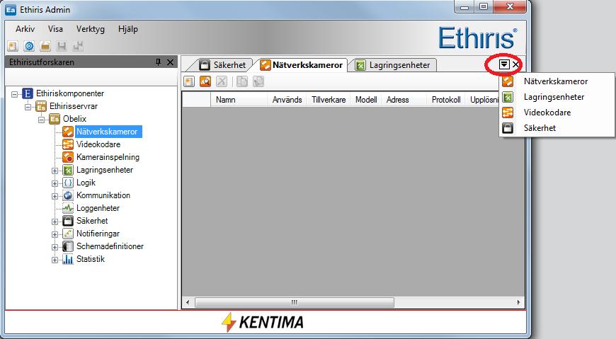 Ethiris Admin Admin fönster Admin Konfiguration för Ethiris Fliklista Ien flikgrupp med dokumentfönster finns en lista med alla fönster som är med i flikgruppen.