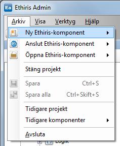 Admin Konfiguration för Ethiris Ethiris Admin Huvudmeny Alt-V Verktyg-menyn. Alt-H Hjälp-menyn. 2.2.2 Arkiv-menyn Figur 2.47 Arkiv-menyn i Ethiris Admin.