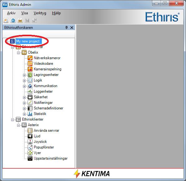 Admin Konfiguration för Ethiris Ethiris Admin Huvudmeny Skulle du välja att skapa ett nytt Ethiris Admin-projekt kommer aktuellt projekt att stängas och ett nytt projekt