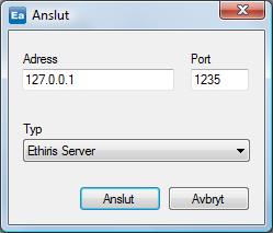 Ethiris Admin Huvudmeny Admin Konfiguration för Ethiris Figur 2.53 Dialogen Anslut Ethiriskomponent i Ethiris Admin. Adress är IP-adressen för datorn där Ethiris Server kör. 127.0.