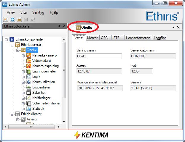 Ethiris Admin Admin Konfiguration för Ethiris Figur 2.86 Panelen Ethiris Server. Panelen Ethiris Server består av sex flikar; Server, Klienter, OPC, FTP, Licensinformation och Loggfiler.