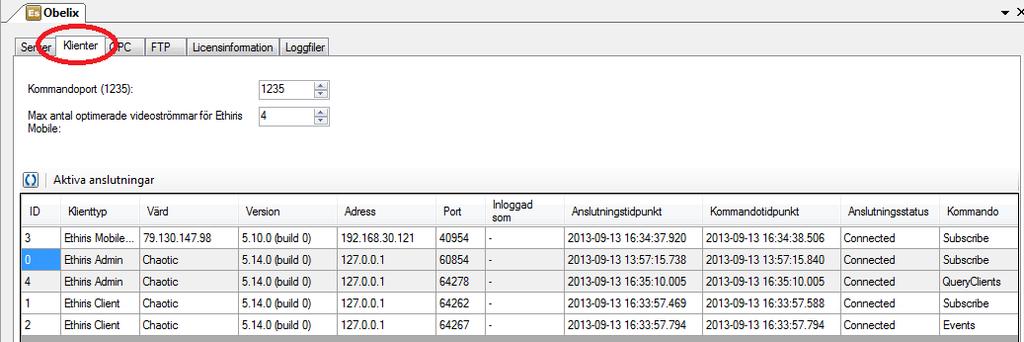 Admin Konfiguration för Ethiris Ethiris Admin Figur 2.87 Fliken Klienter i panelen Ethiris Server.