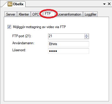 Admin Konfiguration för Ethiris Ethiris Admin Figur 2.89 Fliken FTP i panelen Ethiris Server.