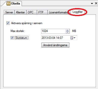 Admin Konfiguration för Ethiris Ethiris Admin Figur 2.91 Fliken Loggfiler i panelen Ethiris Server. Aktivera spårning i servern bockas för om man vill skapa en spårningslogg.