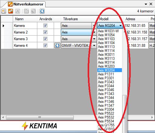 Ethiris Admin Admin Konfiguration för Ethiris Figur 2.100 Listan med kameramodeller. Adress är IP-adressen för kameran (eller DNS-namn om en DNS är tillgänglig).