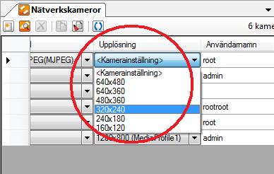 Admin Konfiguration för Ethiris Ethiris Admin Figur 2.102 Listan med upplösningar. Användarnamn är användarnamnet som ska användas om kameran kräver inloggning.