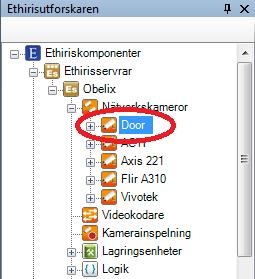 6 Nätverkskamera noden Under noden Nätverkskameror i trädvyn, finns det en nod för varje nätverkskamera som ingår i serverkonfigurationen. Figur 2.103 En nätverkskameranod i s trädvy.