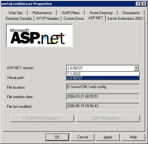 Genomförande 3-15 Egenskaper för webbsida. Gick till fliken ASP.NET och valde ASP.NET version 2.0.xxxxx. 3.9.