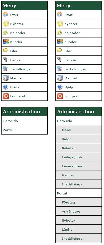 Resultat 4-4 Översikt över portalens meny med administrationsdelen hopfälld respektive utfälld.