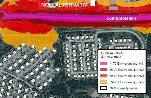 I vägplanen får husen närmast väg i bostadsområdet väster om Tornevägen ekvivalenta ljudnivåer på mellan 56-61 db(a).