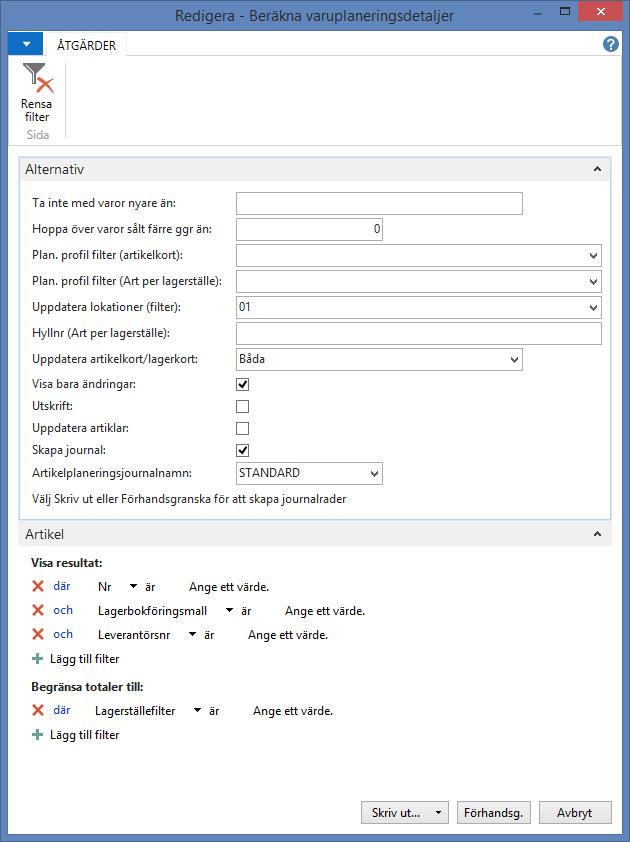 Lagerställefilter: Om det sätts filter på ett lagerställe på snabbfliken Artikel så anger du att försäljningen från dessa lagerställen ska ingå i beräkningen. Se bilaga 1 för regler.