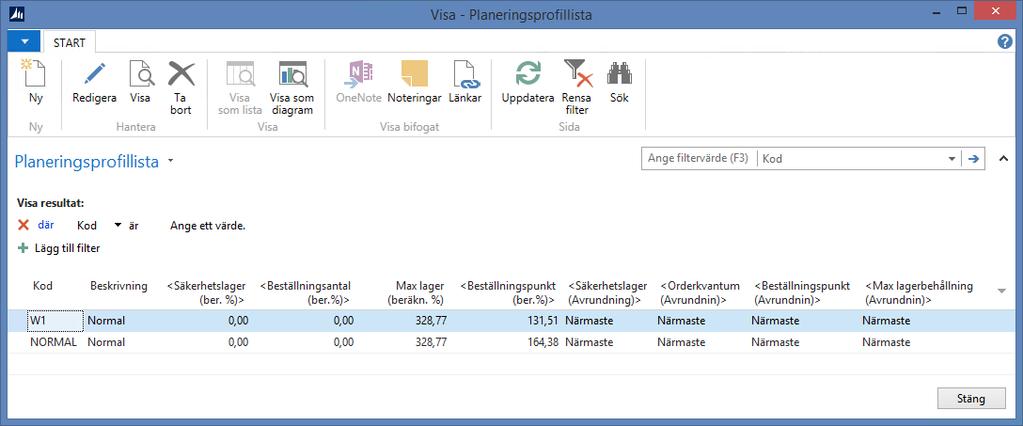 Inställningar för planeringsprofil Planeringsprofilerna underhålls via