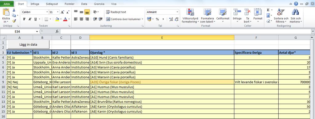 6.2 DIREKT DATAINMATNING Använd tangenten TAB för att flytta åt höger samt ENTER för att flytta till cellen under. Definitioner och förklaringar finns på sida 8.