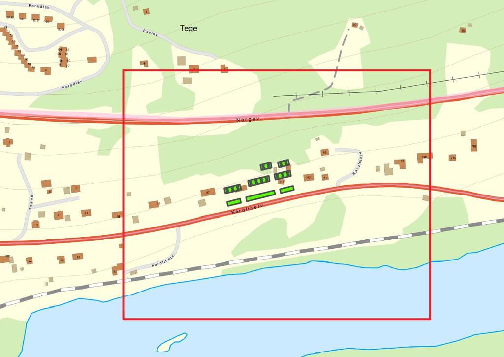memo01.docx 2012-03-28 2. Metod och källdata 2.1 Beräkningsområde Figur 2. Område som modellerats i bullerberäkning. Ny bebyggelse i grönt med svarta kantlinjer, beräkningsområde markerat i rött.