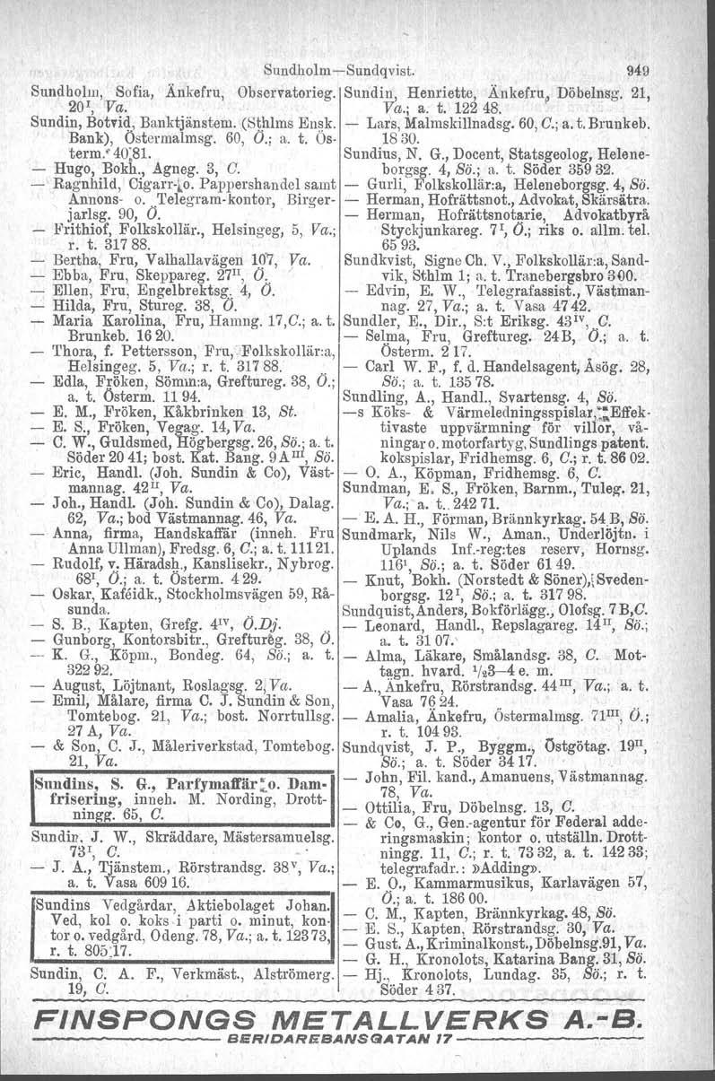 SundholmSundqvist. 949 Sundholin, Sofia, Änkefru, Obscrvatorieg. Sundi!1,., Henriette, Änkefru p Döbelnsg. 21, 201, Va. va.; a. t. 12248. Sundin, Botrid, Banktjänstem. (Sthlms Ensk.