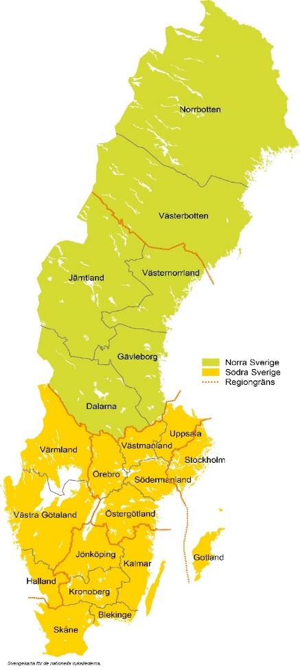 4.2 Utmärkning av nationella och regionala leder numrering Nationella och regionala turismcykelleder ska numreras, och Trafikverket tilldelar lederna nummer. (Läs mer om lokala leder 4.2.3) Anledningen till att långa turismcykelleder får ett nummer är följande: Numret hjälper cyklisten att skilja på kategorierna (nationella/långa, regionala/medellånga, lokala/korta).