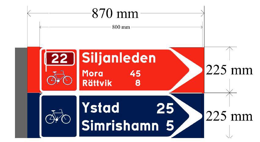 Skyltens monteringshöjd är minst 2,50 meter inom tätort och minst 2,20 meter utanför tätort (minst 2,50 m om skylten sticker ut över cykelvägen). Det betyder att stolpen måste vara längre.