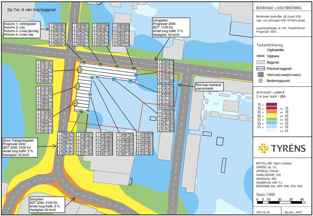 (3:e kolumnen) fördelas per fasad och våningsplan (1:a kolumnen) för prognosår 2040.