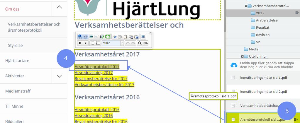 På den sidan skriver jag förslagsvis denna text i brödtext fältet: Verksamhetsåret 2017 Årsmötesprotokoll 2017 Årsredovisning 2017 Revisionsberättelse för 2017 Verksamhetsberättelse för 2017 För att