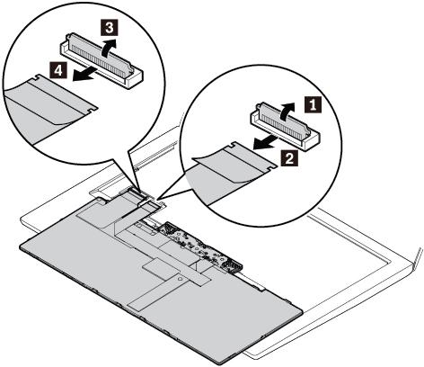 8. Placera tangentbordet på handledsstödet enligt bilden, och koppla loss kontakterna.