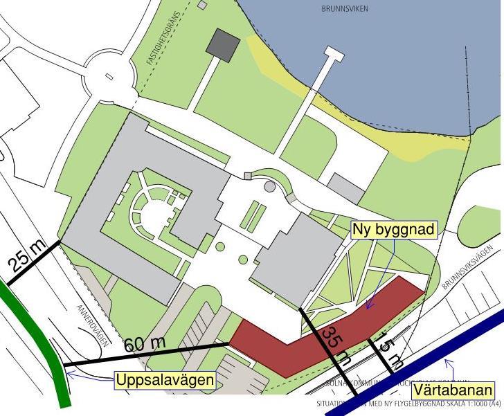 14 (60) Figur 4. Befintliga byggnader är markerade med grått och den nya byggnaden är markerad med rött.