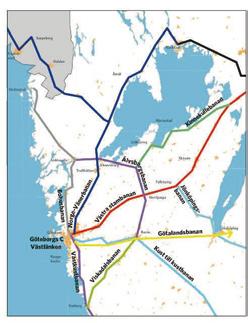 Figur 1. Järnvägssystemet kring Göteborg Idag trafikeras Göteborgs C med ca 675 ankomster och avgångar per vardagsdygn.