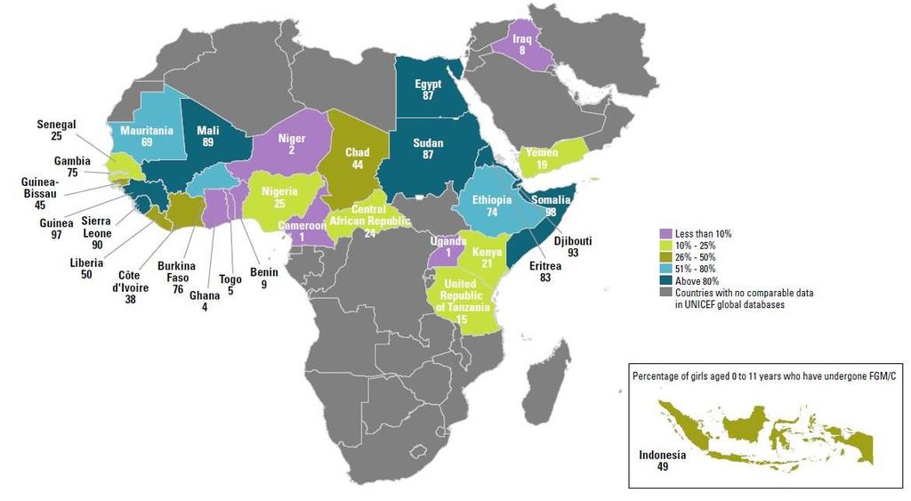 Andel flickor i åldern 15-49 år som är könsstympade Source: UNICEF global databases, 2016, based on