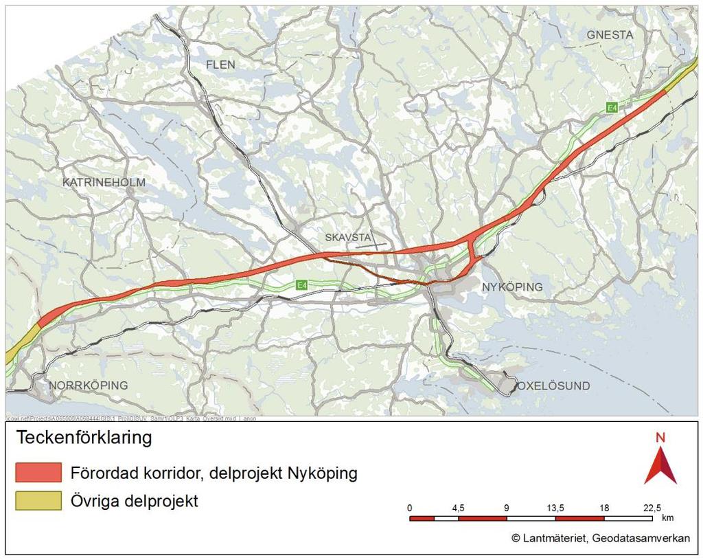 Figur 2. Förordad korridor för Ostlänken, delprojekt Nyköping. Trafikverket lämnade i november 2015 in sin ansökan om projektets tillåtlighet till Regeringen.