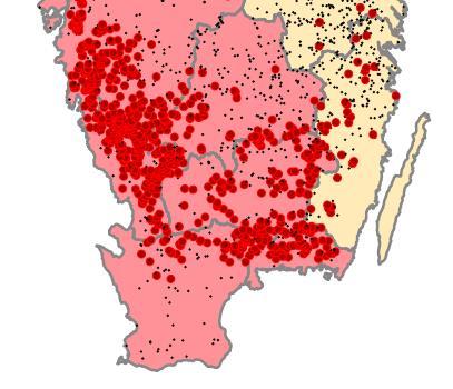 Försurning i Kronobergs län ett bestående problem? Försurade (röda) och ej försurade sjöar (svarta) 2010.