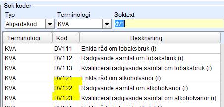 Alkohol Alkohol steg 1, 2, 3 2. Registrering val av åtgärd Under Diagnos finns åtgärdskoderna: Enkla råd om alkohol, Rådgivande samtal om alkohol, Kvalificerat rådgivande samtal om alkohol.