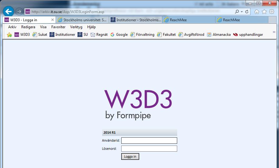 Diarieföring i W3D3 Logga in För att komma till inloggningssidan skriver du http://arkiv.it.su.se i webbläsarens adressfält.