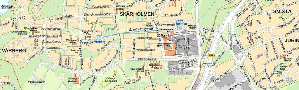 På andra sidan av Vårbergsvägen, norr om idrottsplatsen, är det hyreshusbebyggelse av kopplade punkthus mellan tre och nio våningar som dominerar.