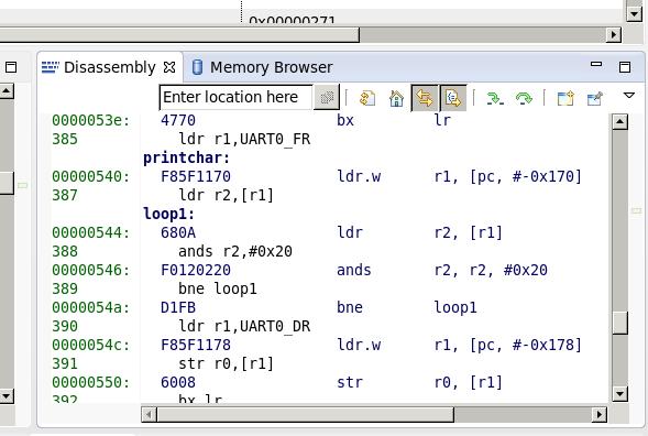 12 CHAPTER 3. CODE COMPOSER STUDIO Figure 3.2: Disassembly vy med adresser, label och kod 3.7 Stega igenom ett program I debugläget går det att sätta brytpunkter och att stega sig igenom programmet.
