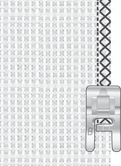 Använd: Pressarfot J och nålen som rekommenderas för tyget. Låt tån på pressarfoten styra tyget, se illustration.